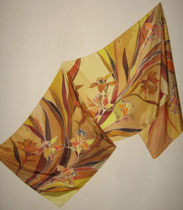 Текстильное искусство под названием "Batik scarf "Daffod…" - Lidia Cravcenco, Подлинное произведение искусства, Ткань