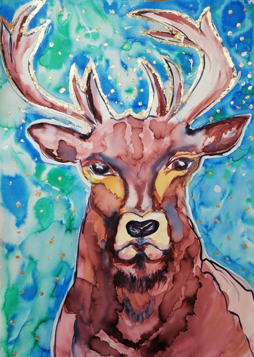 Schilderij getiteld "Cerf de Noel" door Claire Ferrari (klrferr), Origineel Kunstwerk, Inkt