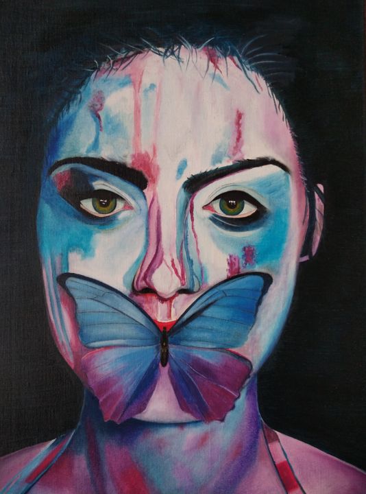 Painting titled "De vlinder 1 (The b…" by Kris Nijs, Original Artwork, Oil