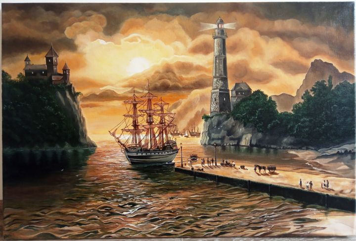 Painting titled "Морской закат" by Oksana Kocherzhat, Original Artwork, Oil Mounted on Wood Stretcher frame