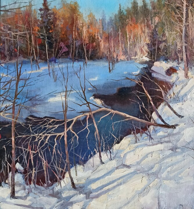 Painting titled "Зимний пейзаж-2..." by Denis Konotop, Original Artwork, Oil Mounted on Wood Panel