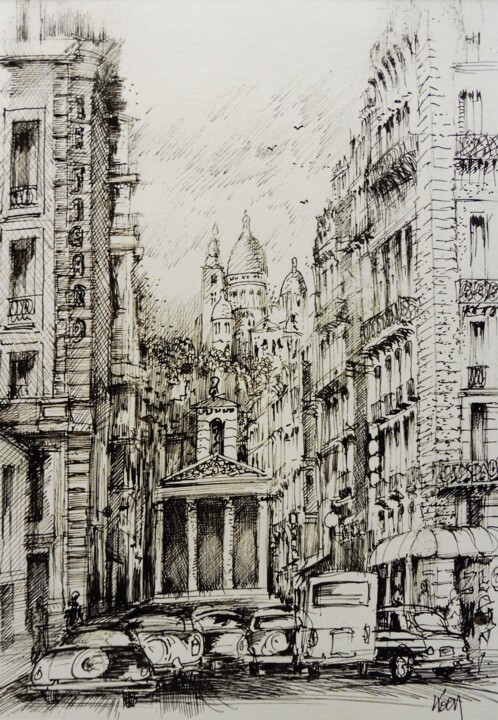 Dessin intitulée "Paris la rue Laffit…" par Koen De Weerdt, Œuvre d'art originale, Encre