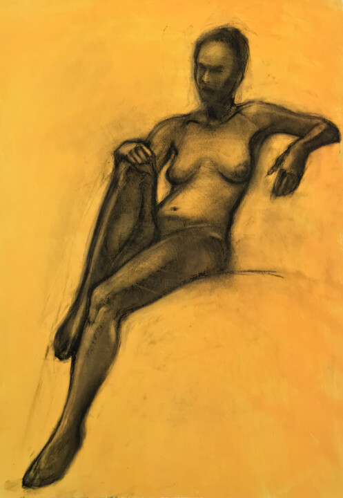 Painting titled "Naked Nastya on yel…" by Konstantin Fomin, Original Artwork, Charcoal