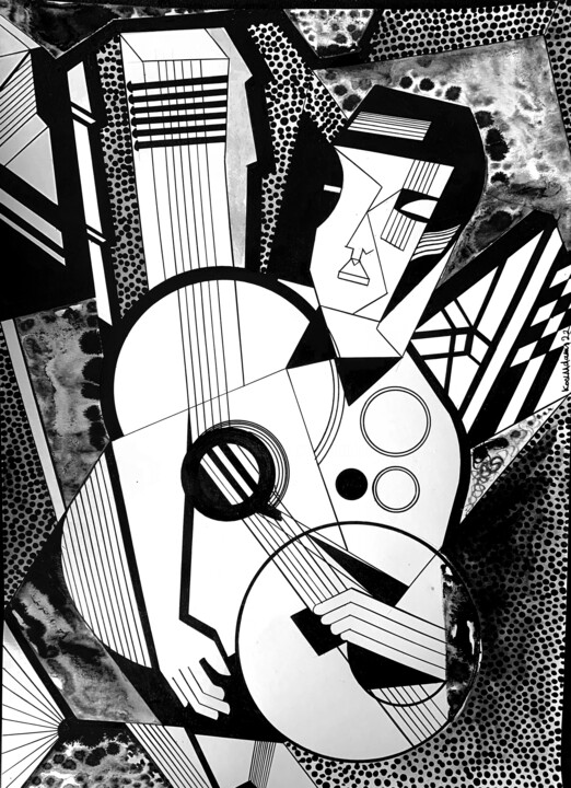 图画 标题为“The Guitarist II” 由Koola Adams, 原创艺术品, 墨