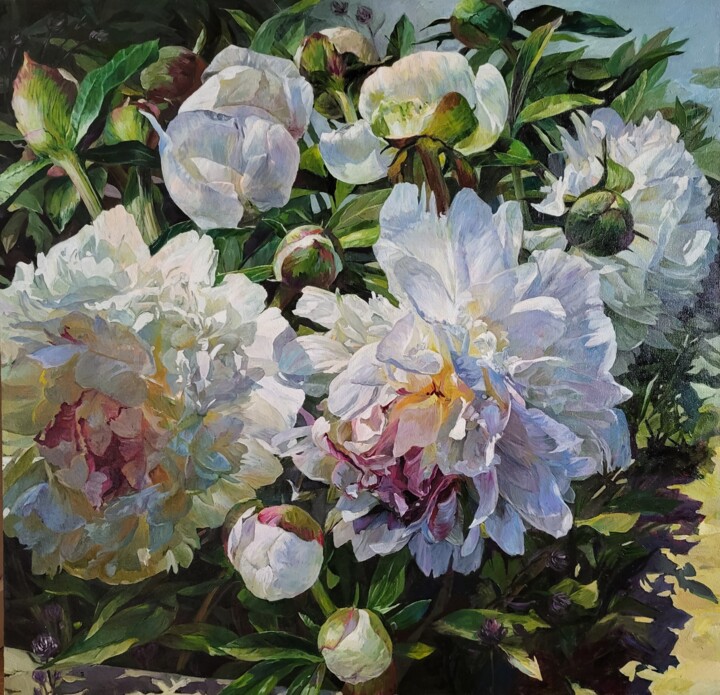 Painting titled "Peonies in the gard…" by Elena Kozlova, Original Artwork, Oil