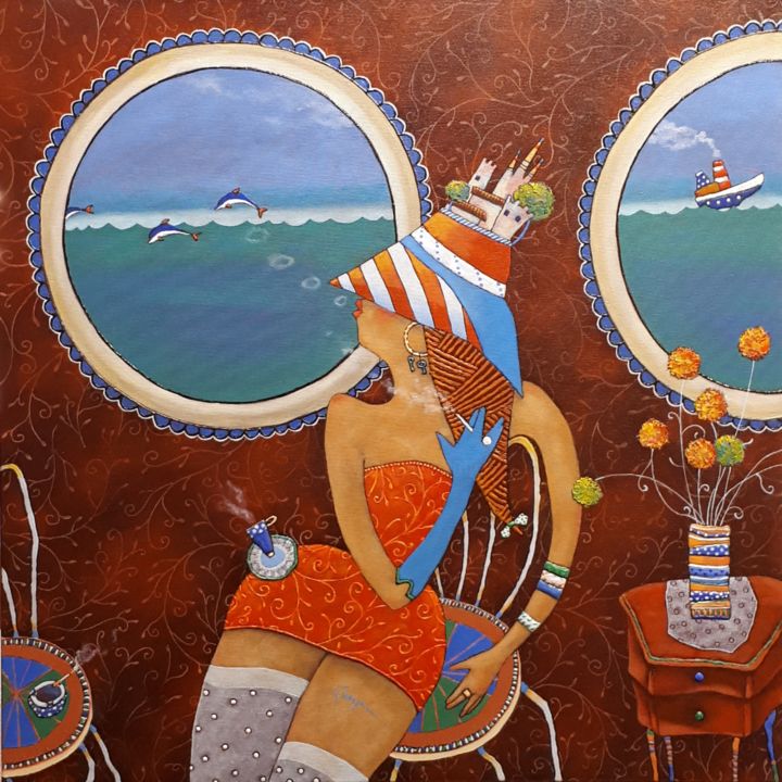 Schilderij getiteld "Croisière en amoure…" door Elena  Koupaliantz, Origineel Kunstwerk, Olie