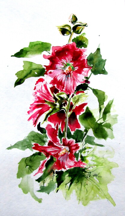 Painting titled "Mallow floral II" by Anna Brigitta Kovacs (KAB), Original Artwork, Watercolor
