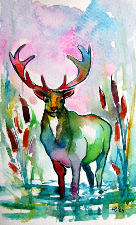 Pintura titulada "Deer in the water" por Anna Brigitta Kovacs (KAB), Obra de arte original, Acuarela