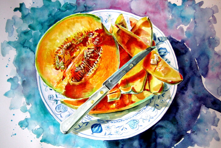 Painting titled "Melon still life" by Anna Brigitta Kovacs (KAB), Original Artwork, Watercolor