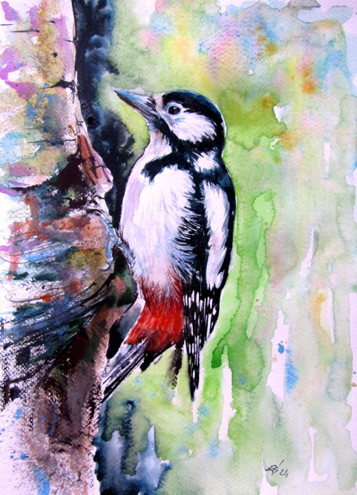 Painting titled "Woodpecker working" by Anna Brigitta Kovacs (KAB), Original Artwork, Watercolor