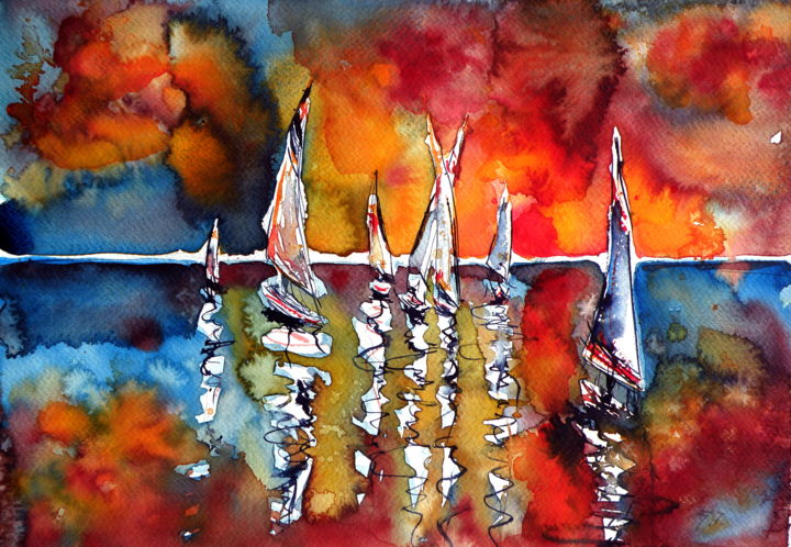 Painting titled "Sailboats at sunset" by Anna Brigitta Kovacs (KAB), Original Artwork, Watercolor