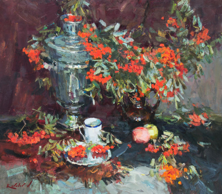 Painting titled "Натюрморт с рябиной…" by Vladimir Kovalev, Original Artwork, Oil