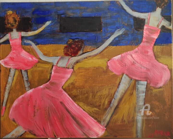 Ζωγραφική με τίτλο "Ballerines in rose" από Kozar, Αυθεντικά έργα τέχνης, Λάδι Τοποθετήθηκε στο Ξύλινο φορείο σκελετό