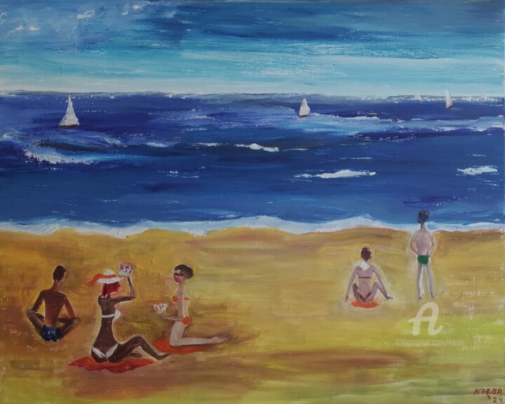 Pittura intitolato "Mer. Plage" da Kozar, Opera d'arte originale, Olio Montato su Telaio per barella in legno