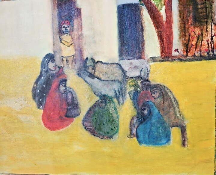 Peinture intitulée "Story teller with v…" par Krishna Art Gallery, Œuvre d'art originale, Huile