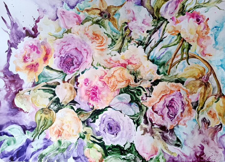 Peinture intitulée "Flora" par Kristina Kristiana, Œuvre d'art originale, Aquarelle