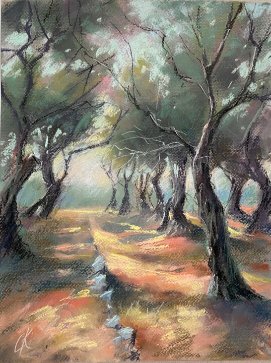 Drawing titled "Olive trees / Olivi…" by Kristina Savinova, Original Artwork, Pastel