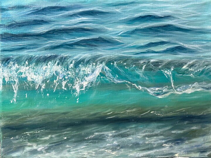 Painting titled "Sea Wave" by Kristina Sergeeva, Original Artwork, Oil Mounted on Wood Stretcher frame
