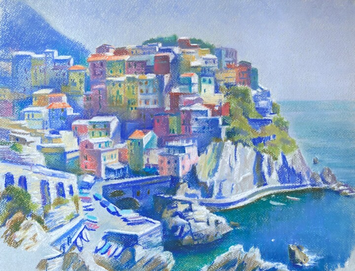 Painting titled "Manarola. Cinque Te…" by Kristina Korobeynikova, Original Artwork, Pastel Mounted on Cardboard