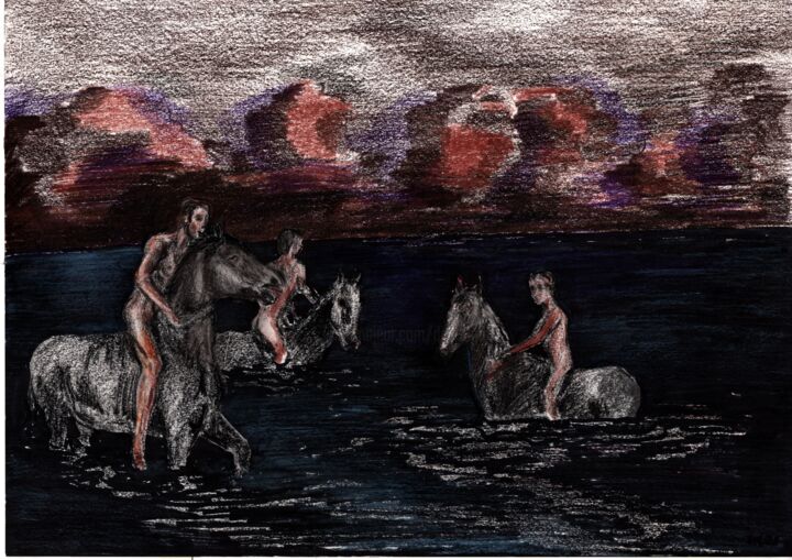 Pittura intitolato "Bathing of a  Horses" da Krughoff, Opera d'arte originale, Matita