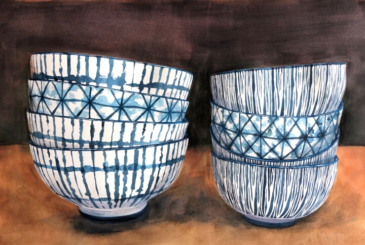 Ζωγραφική με τίτλο "Blue Bowls" από Krystyna Szczepanowski, Αυθεντικά έργα τέχνης, Ακουαρέλα