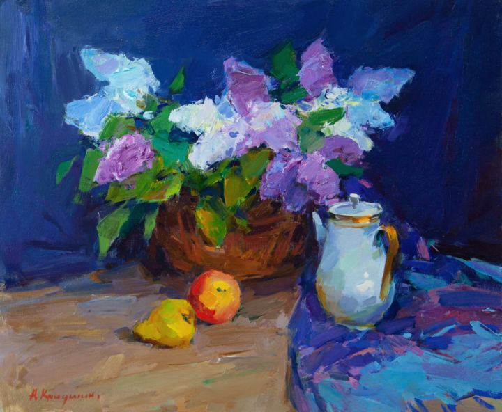 Painting titled "Bouquet of Lilacs" by Aleksander Kryushyn, Original Artwork, Oil Mounted on Wood Stretcher frame