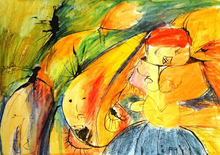 Painting titled "Krzyk pandemiczny" by Krzysztof Bobrowski, Original Artwork, Watercolor