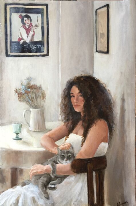 Painting titled "Girl with a cat" by Ksenia Solovyova, Original Artwork, Oil