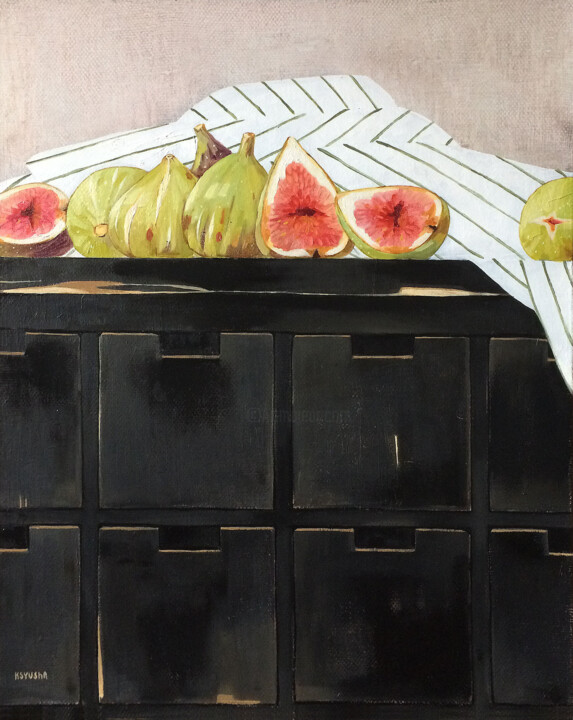 Painting titled "Fig. September" by Kseniia Berestova, Original Artwork, Oil Mounted on Wood Stretcher frame