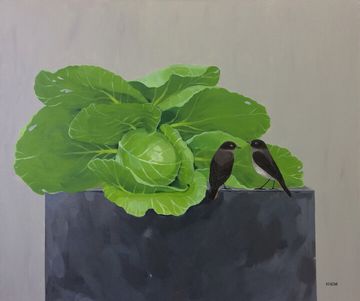 Pintura titulada "Cabbage and birds" por Kseniia Berestova, Obra de arte original, Acrílico Montado en Bastidor de camilla d…