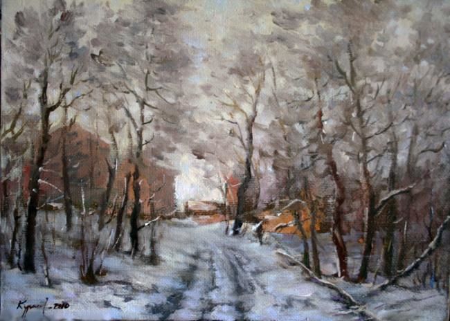 Painting titled "Зимний пейзаж около…" by Yury Kurako, Original Artwork