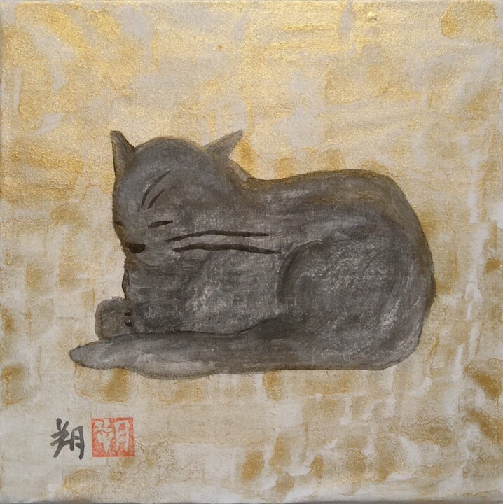 Painting titled "NIHONGA NEKO KOGANE2" by Saku Kuronashi, Original Artwork, Pigments