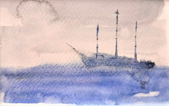 Schilderij getiteld "Un navire" door Jacek Wendzonka, Origineel Kunstwerk, Aquarel Gemonteerd op Karton