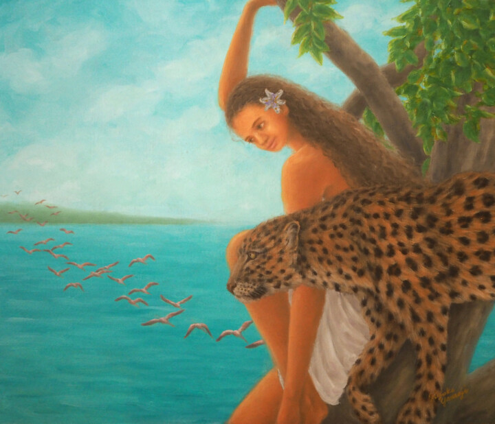 Painting titled "Woman and Leopard" by Kyoko Yamaji, Original Artwork, Oil Mounted on Wood Stretcher frame