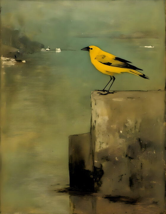 제목이 "Yellow Bird #1"인 디지털 아트 Kyozai로, 원작, AI 생성 이미지