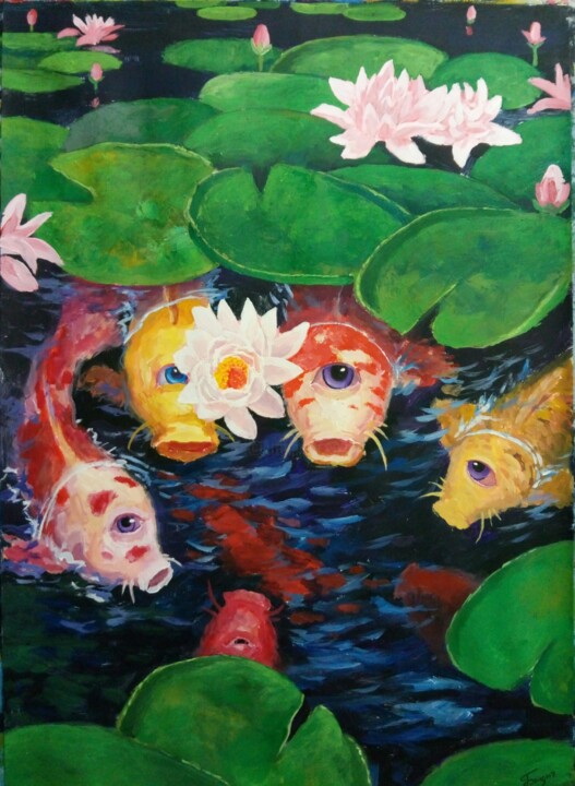 Painting titled "Fukushima koi carps" by Kyrylo Bondarenko, Original Artwork, Acrylic