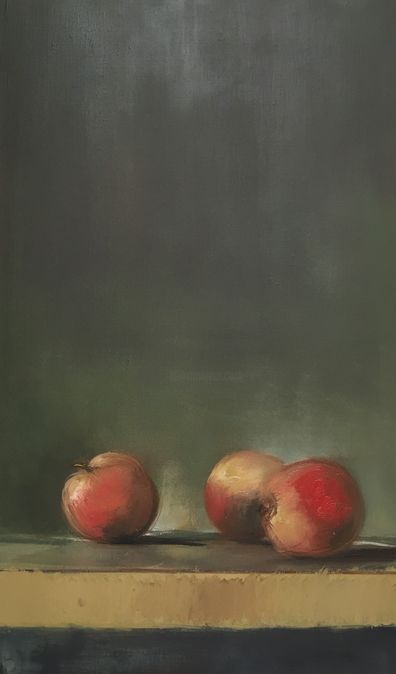 Painting titled "3 pommes" by Line Escales, Original Artwork, Oil