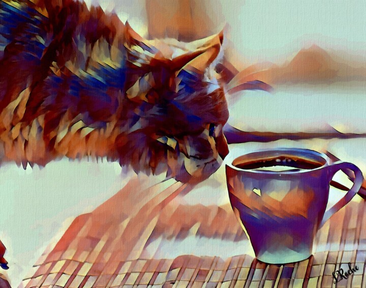 Arte digitale intitolato "My cat loves coffee" da L.Roche, Opera d'arte originale, Lavoro digitale 2D