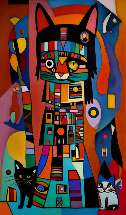 Schilderij getiteld "Totem cat 112" door L.Roche, Origineel Kunstwerk, Inkt