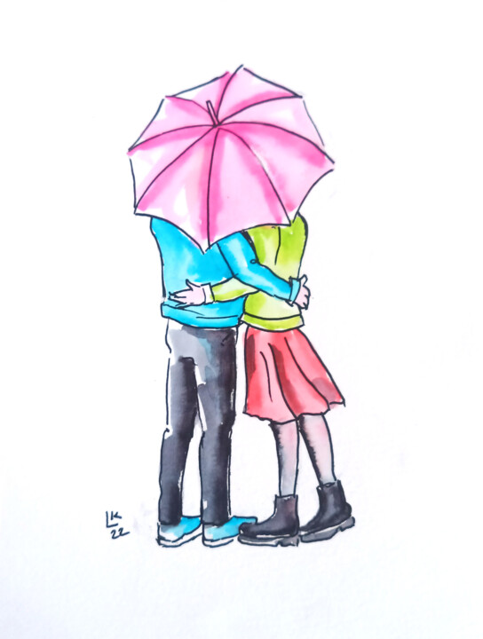 Drawing titled "Loving couple under…" by Lada Kholosho, Original Artwork, Watercolor