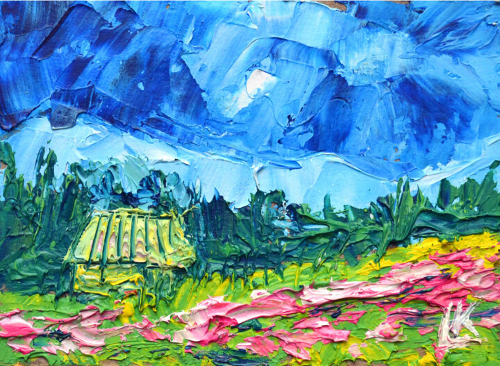 Painting titled "Mountain Cabin" by Lada Kholosho, Original Artwork, Oil
