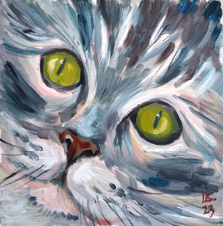Peinture intitulée "Tabby Cat's face" par Lada Kholosho, Œuvre d'art originale, Huile Monté sur Carton