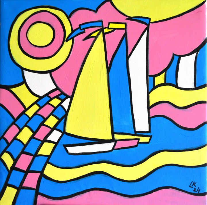 「Geometric Sailboat…」というタイトルの絵画 Lada Kholoshoによって, オリジナルのアートワーク, アクリル ウッドストレッチャーフレームにマウント