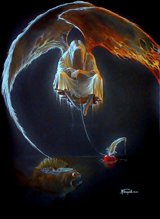 Dibujo titulada "Fishing Lucifer" por Vladimir Barkov Ladoyar, Obra de arte original, Conté