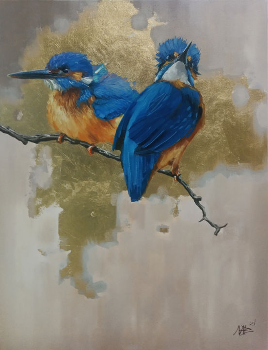 Painting titled "KINGFISHER" by Artem Lozhkin, Original Artwork, Oil Mounted on Wood Stretcher frame