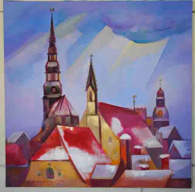 Pintura intitulada "Old Riga`s roofs in…" por Laine Kainaize, Obras de arte originais