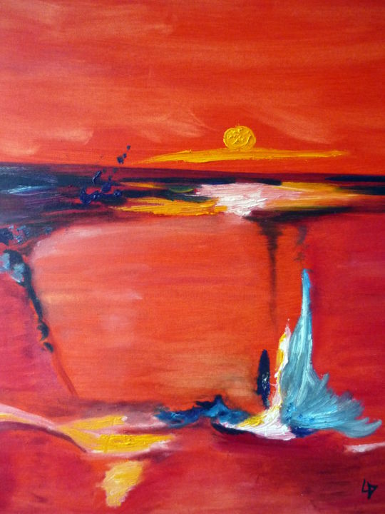 Peinture intitulée "Soleil rouge" par Lallement Martine, Œuvre d'art originale, Huile Monté sur Châssis en bois
