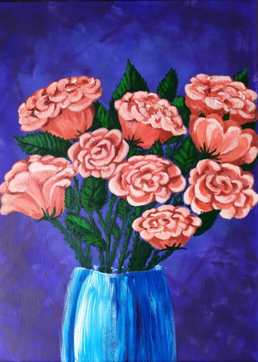 Pintura titulada "Roses in a blue vase" por Lana Vereshchagina, Obra de arte original, Acrílico