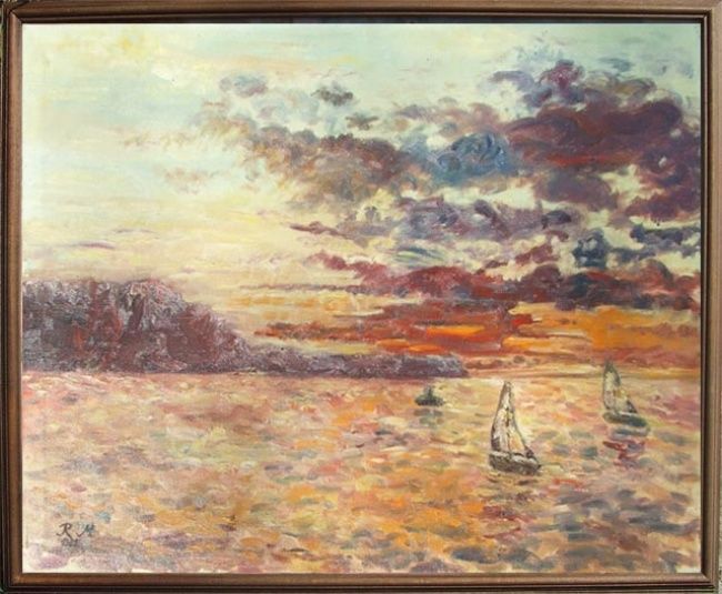 Painting titled "SUNSET" by Landscape Art, Original Artwork, Oil