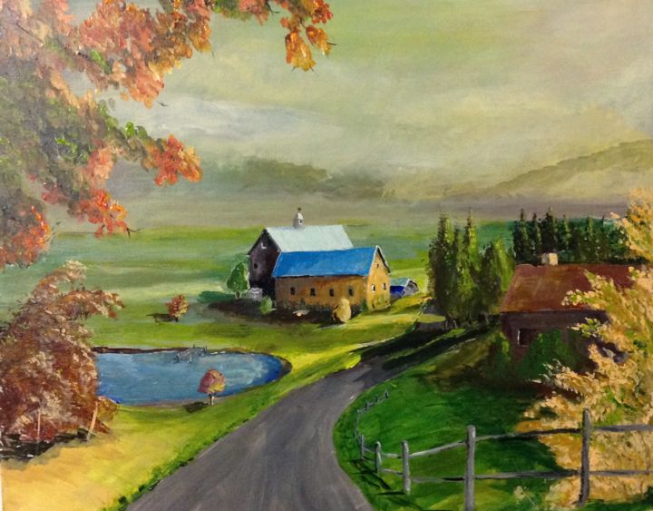 Schilderij getiteld "Farm on an Autumn M…" door Lanny Roff, Origineel Kunstwerk, Acryl